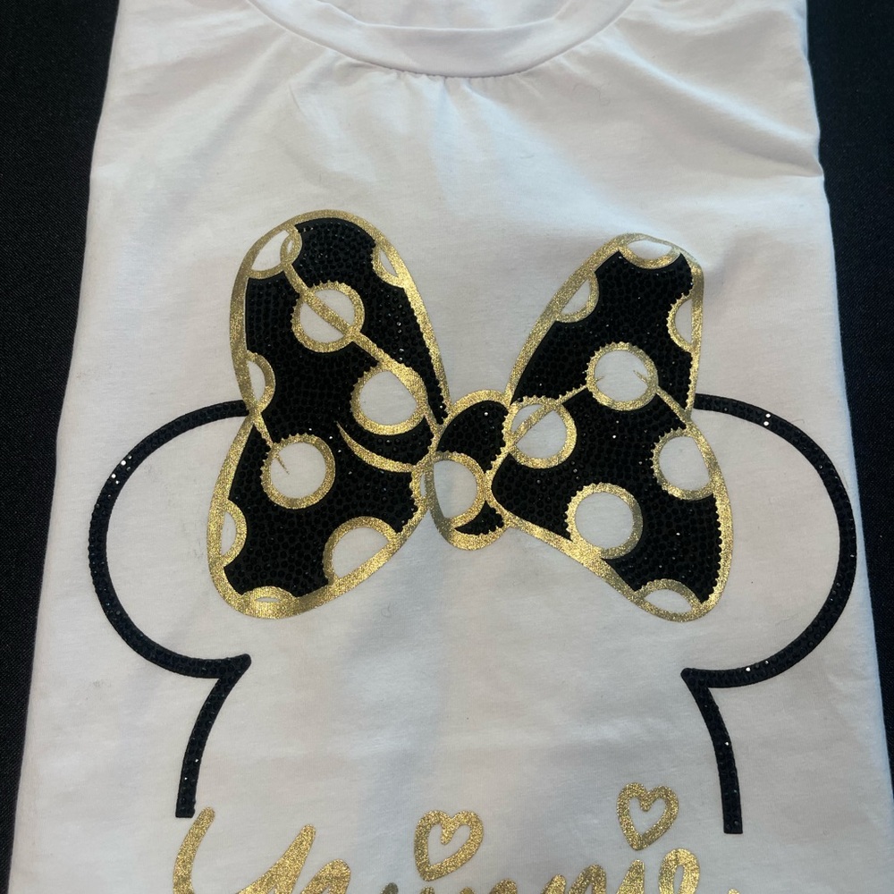 Women’s White T-Shirt with Black and Gold Minnie Ears NWOT Size Small